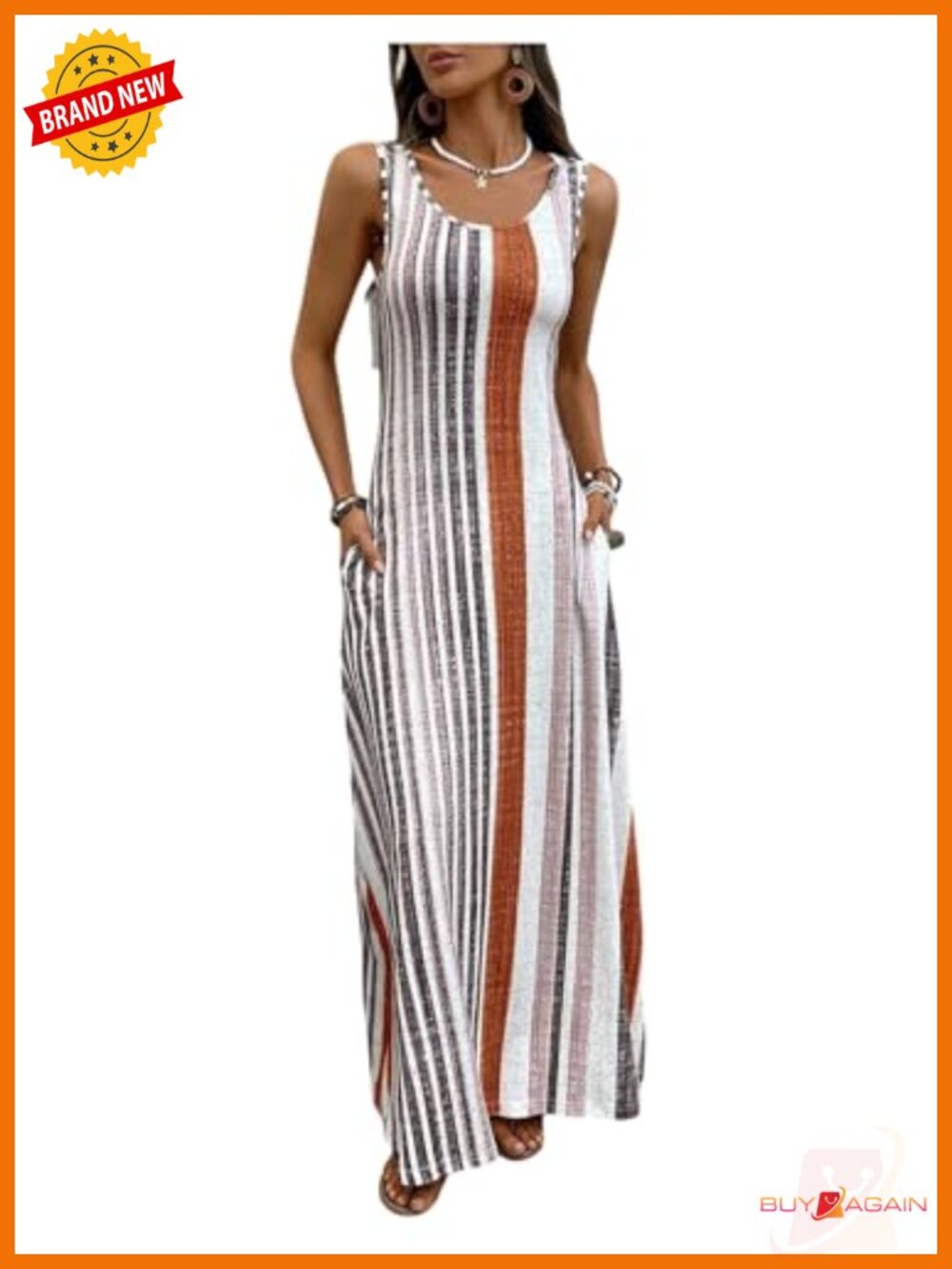 Striped Tank Maxi Dress Scoop Neck Sleeveless Summer Beach Vacation